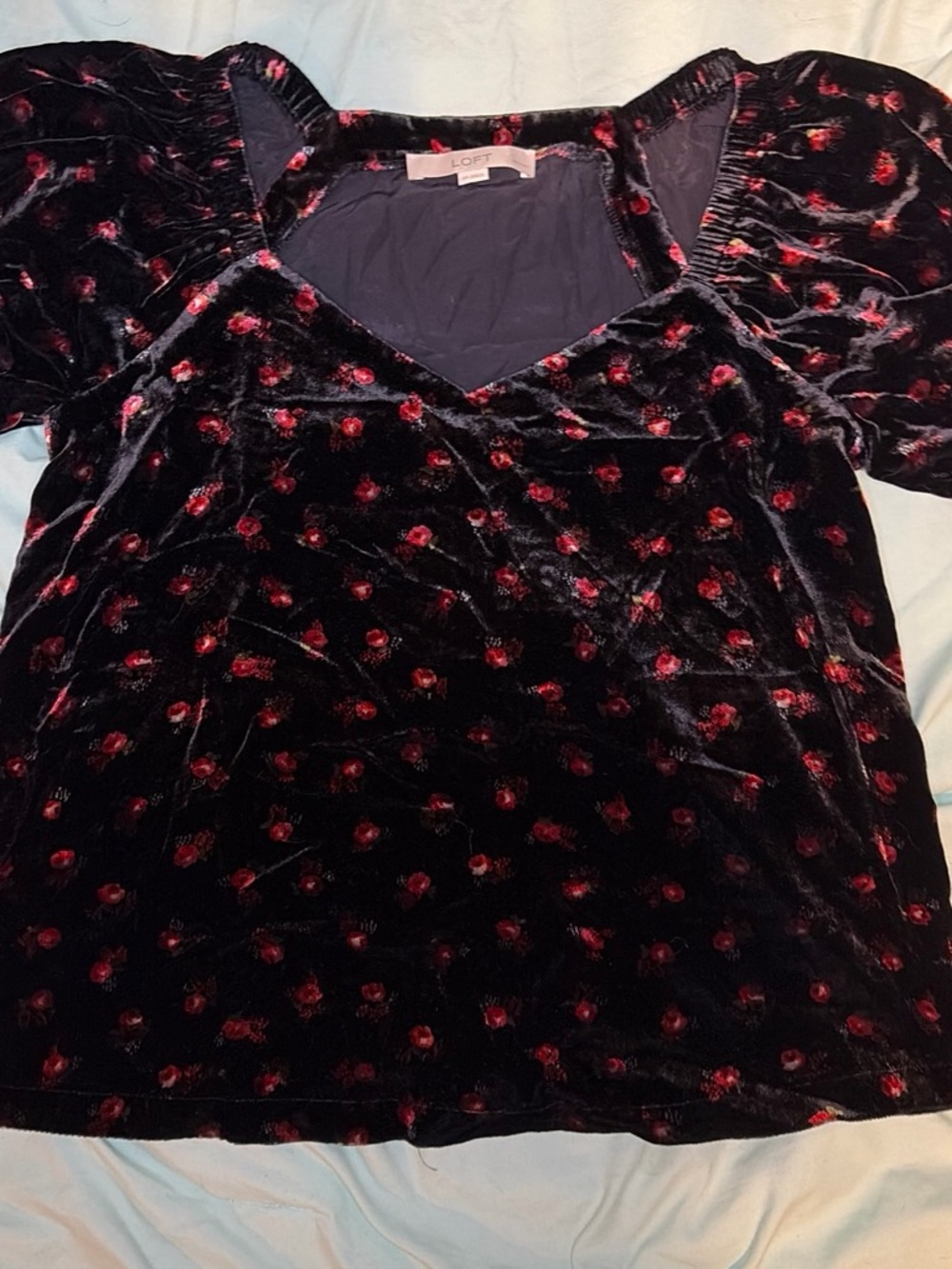 LOFT Black Velvet Puff-Sleeve Top with Red Floral Dots